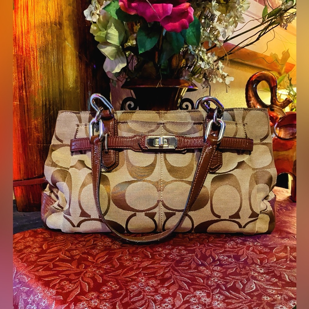 Coach Tan and Brown Ashley Signature Tote Bag Medium Good Condition